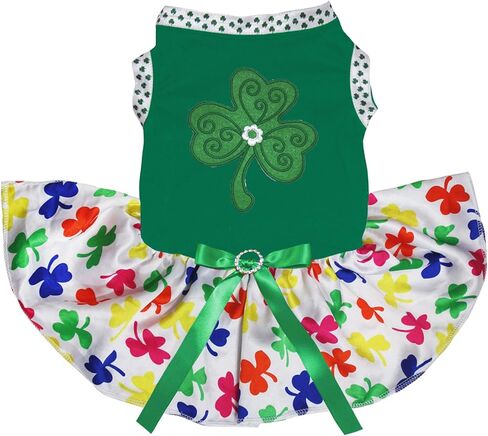 فستان Petitebella Green Clover Puppy Dog (أبيض/برسيم، متوسط) in Kuwait