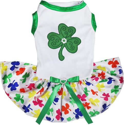 فستان Petitebella Green Clover Puppy Dog (أبيض/برسيم، متوسط) in Kuwait