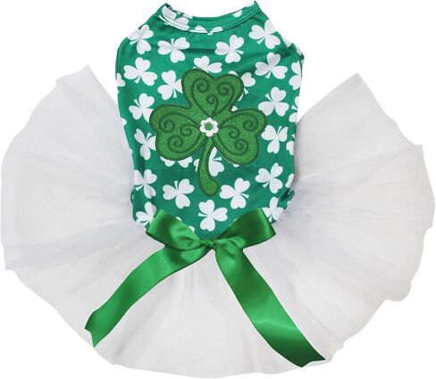 فستان Petitebella Green Clover Puppy Dog (أبيض/برسيم، متوسط) in Kuwait