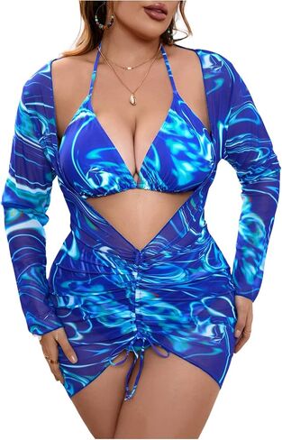 SHENHE Women's 3 Piece Marble Print Tie Side Halter Swimsuit Triangle Bikini Sets with Cover Up in Saudi Arabia