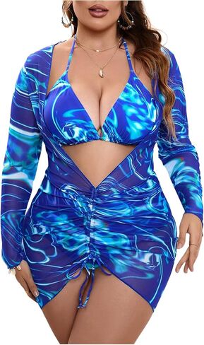SHENHE Women's 3 Piece Marble Print Tie Side Halter Swimsuit Triangle Bikini Sets with Cover Up in Saudi Arabia