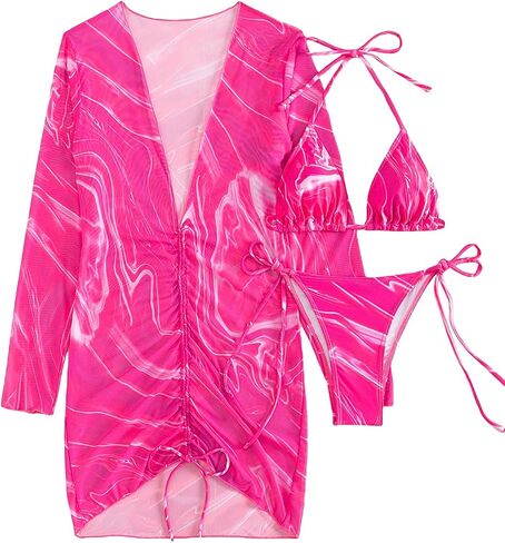 SHENHE Women's 3 Piece Marble Print Tie Side Halter Swimsuit Triangle Bikini Sets with Cover Up in Saudi Arabia