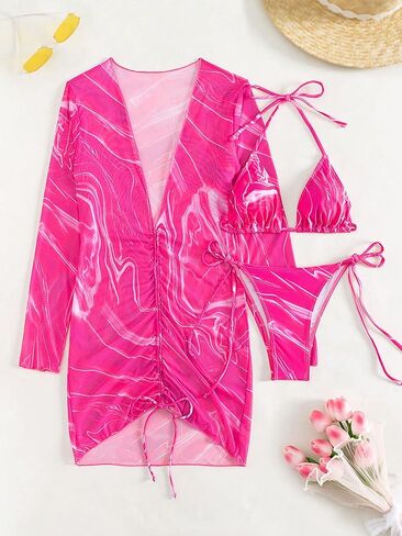 SHENHE Women's 3 Piece Marble Print Tie Side Halter Swimsuit Triangle Bikini Sets with Cover Up in Saudi Arabia