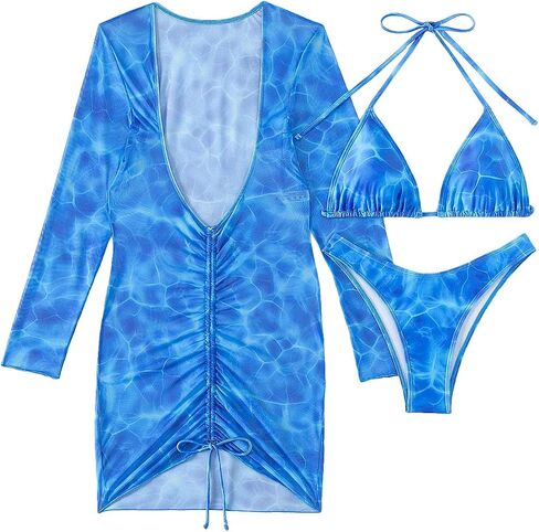 SHENHE Women's 3 Piece Marble Print Tie Side Halter Swimsuit Triangle Bikini Sets with Cover Up in Saudi Arabia