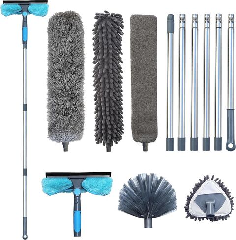 مجموعة منفضة 6 في 1، ممسحة نافذة مع منظف، يصل ارتفاعها إلى 15 قدمًا عند حملها، فرشاة شبكة العنكبوت منفضة السقف عالية لتنظيف النوافذ العالية، مروحة السقف، السقف الداخلي، الجدران، السقف in Kuwait