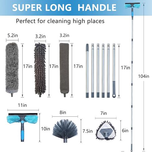 مجموعة منفضة 6 في 1، ممسحة نافذة مع منظف، يصل ارتفاعها إلى 15 قدمًا عند حملها، فرشاة شبكة العنكبوت منفضة السقف عالية لتنظيف النوافذ العالية، مروحة السقف، السقف الداخلي، الجدران، السقف in Kuwait