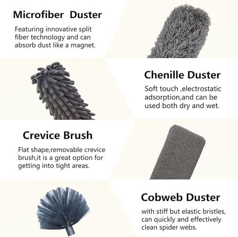 مجموعة منفضة 6 في 1، ممسحة نافذة مع منظف، يصل ارتفاعها إلى 15 قدمًا عند حملها، فرشاة شبكة العنكبوت منفضة السقف عالية لتنظيف النوافذ العالية، مروحة السقف، السقف الداخلي، الجدران، السقف in Kuwait
