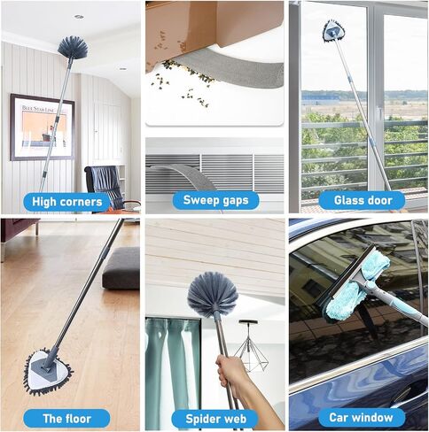 مجموعة منفضة 6 في 1، ممسحة نافذة مع منظف، يصل ارتفاعها إلى 15 قدمًا عند حملها، فرشاة شبكة العنكبوت منفضة السقف عالية لتنظيف النوافذ العالية، مروحة السقف، السقف الداخلي، الجدران، السقف in Kuwait