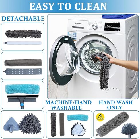 مجموعة منفضة 6 في 1، ممسحة نافذة مع منظف، يصل ارتفاعها إلى 15 قدمًا عند حملها، فرشاة شبكة العنكبوت منفضة السقف عالية لتنظيف النوافذ العالية، مروحة السقف، السقف الداخلي، الجدران، السقف in Kuwait