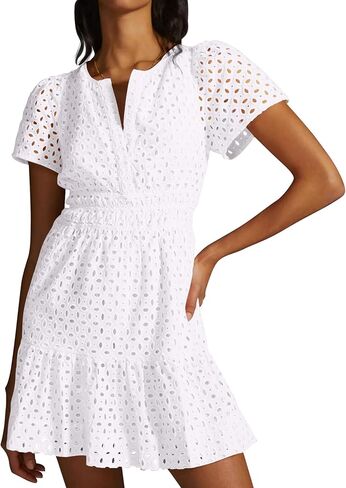 PRETTYGARDEN Womens 2024 Summer Short Dress V Neck Short Sleeve A Line Hollow Out Lace Ruffle Cute Casual Beach Party Dresses in Saudi Arabia