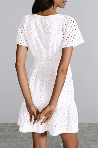 PRETTYGARDEN Womens 2024 Summer Short Dress V Neck Short Sleeve A Line Hollow Out Lace Ruffle Cute Casual Beach Party Dresses in Saudi Arabia