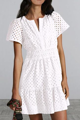 PRETTYGARDEN Womens 2024 Summer Short Dress V Neck Short Sleeve A Line Hollow Out Lace Ruffle Cute Casual Beach Party Dresses in Saudi Arabia