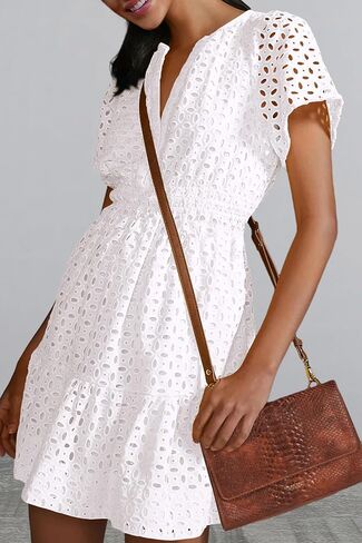 PRETTYGARDEN Womens 2024 Summer Short Dress V Neck Short Sleeve A Line Hollow Out Lace Ruffle Cute Casual Beach Party Dresses in Saudi Arabia