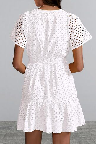 PRETTYGARDEN Womens 2024 Summer Short Dress V Neck Short Sleeve A Line Hollow Out Lace Ruffle Cute Casual Beach Party Dresses in Saudi Arabia