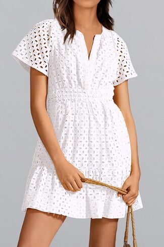 PRETTYGARDEN Womens 2024 Summer Short Dress V Neck Short Sleeve A Line Hollow Out Lace Ruffle Cute Casual Beach Party Dresses in Saudi Arabia