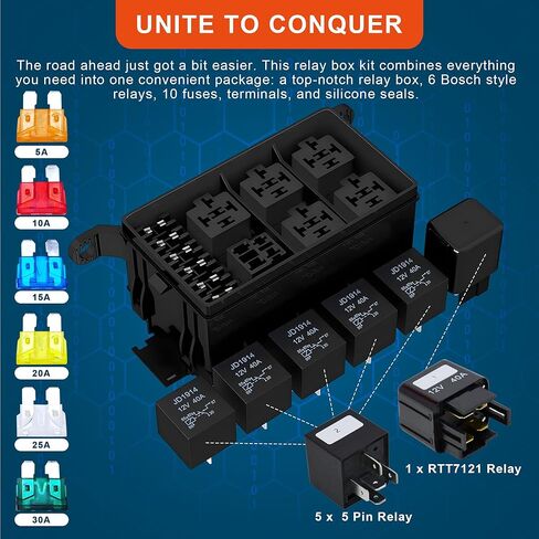 Jekruiet 12V صندوق ترحيل الصمامات للسيارات مع 6 طرق تتابع 12 AWG سلكي مسبقًا مقاوم للماء مجموعة كتلة صندوق الصمامات، ATC/ATO بليد فيوز لشاحنة القوارب البحرية للسيارة الأوتوماتيكية in Kuwait