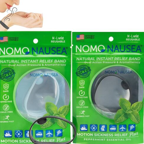 عصابات NoMo Nausea Seasick للرحلة البحرية 4 عبوات لتخفيف آثار الكحول | سوار العلاج العطري بالنعناع المقاوم للماء وأشرطة دوار الحركة | شريط بحري مضاد للغثيان في الثلاثينيات | متوسطة إلى كبيرة | الأسود والأزرق in Saudi Arabia