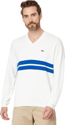 Lacoste Men's Long Sleeve Relaxed Fit V Neck Sweater W/Stripes in Saudi Arabia