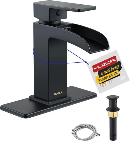 Bathroom Faucets Single Hole Black Matte, Waterfall Matt Black Bathroom Sink Faucet One Hole with Metal Pop Up Drain, Solid Brass Square Faucet for Bathroom Vanity in Saudi Arabia