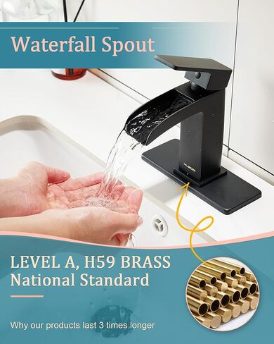Bathroom Faucets Single Hole Black Matte, Waterfall Matt Black Bathroom Sink Faucet One Hole with Metal Pop Up Drain, Solid Brass Square Faucet for Bathroom Vanity in Saudi Arabia