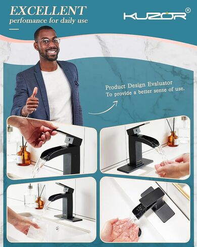 Bathroom Faucets Single Hole Black Matte, Waterfall Matt Black Bathroom Sink Faucet One Hole with Metal Pop Up Drain, Solid Brass Square Faucet for Bathroom Vanity in Saudi Arabia