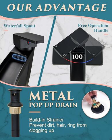 Bathroom Faucets Single Hole Black Matte, Waterfall Matt Black Bathroom Sink Faucet One Hole with Metal Pop Up Drain, Solid Brass Square Faucet for Bathroom Vanity in Saudi Arabia