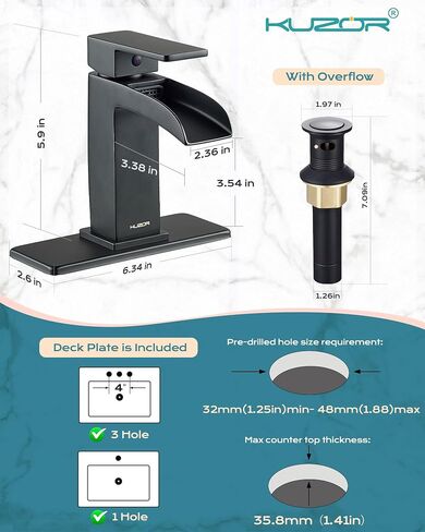 Bathroom Faucets Single Hole Black Matte, Waterfall Matt Black Bathroom Sink Faucet One Hole with Metal Pop Up Drain, Solid Brass Square Faucet for Bathroom Vanity in Saudi Arabia