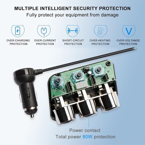 محول ولاعة السجائر، PD/QC 3.0 مقسم ولاعة السجائر 110 وات 12 فولت/24 فولت محول شاحن سيارة مع 3 منافذ فاصل طاقة ومفتاح مستقل وعرض جهد LED in Kuwait