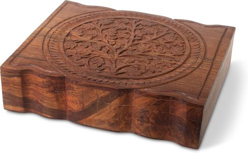 صندوق تذكار خشبي كبير - صندوق تزيين شجرة الحياة منحوت يدويًا مع مفصلات وغطاء للمجوهرات ولوازم المذبح والرماد والبلورات وديكور المنزل (12 × 10 × 3 بوصات) in Kuwait