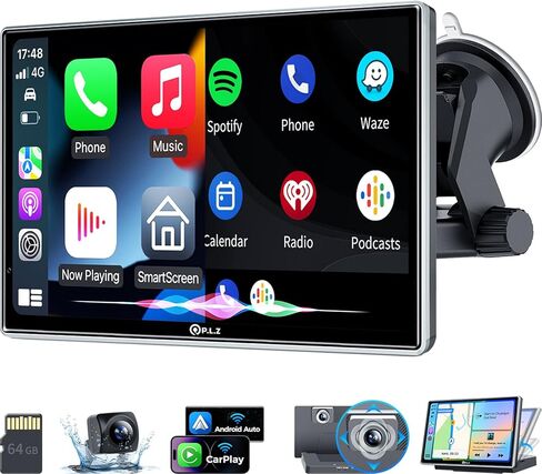 PLZ شاشة ستيريو Apple Carplay لاسلكية محمولة مقاس 7 بوصات للسيارة، توصيل في السيارة، شاشة لمس تلقائية تعمل بنظام Android، بلوتوث 5.3، جهاز إرسال راديو FM، مستقبل صوت السيارة، كاميرا احتياطية 1080 بكسل، كاميرا داش 2.5 كيلو in Kuwait