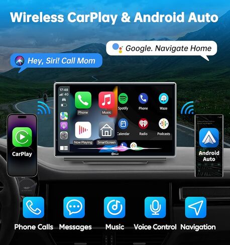 PLZ شاشة ستيريو Apple Carplay لاسلكية محمولة مقاس 7 بوصات للسيارة، توصيل في السيارة، شاشة لمس تلقائية تعمل بنظام Android، بلوتوث 5.3، جهاز إرسال راديو FM، مستقبل صوت السيارة، كاميرا احتياطية 1080 بكسل، كاميرا داش 2.5 كيلو in Kuwait