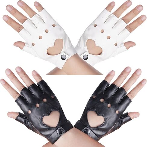زوجان من القفازات النسائية المصنوعة من جلد البولي يوريثان بفتحة على شكل قلب لأزياء الهالوين والرقص والأداء واللون الأسود والأبيض in Kuwait