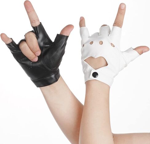 زوجان من القفازات النسائية المصنوعة من جلد البولي يوريثان بفتحة على شكل قلب لأزياء الهالوين والرقص والأداء واللون الأسود والأبيض in Kuwait