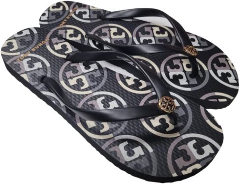 صندل Tory Burch 80698 بتصميم شعار مختلط الألوان أسود/كريمي/رمادي مع أجزاء ذهبية للنساء مقاس 6 in Kuwait