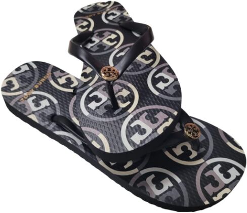 صندل Tory Burch 80698 بتصميم شعار مختلط الألوان أسود/كريمي/رمادي مع أجزاء ذهبية للنساء مقاس 6 in Kuwait