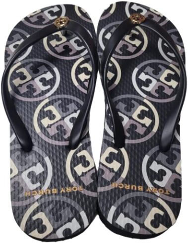 صندل Tory Burch 80698 بتصميم شعار مختلط الألوان أسود/كريمي/رمادي مع أجزاء ذهبية للنساء مقاس 6 in Kuwait