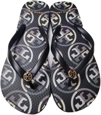 صندل Tory Burch 80698 بتصميم شعار مختلط الألوان أسود/كريمي/رمادي مع أجزاء ذهبية للنساء مقاس 6 in Kuwait