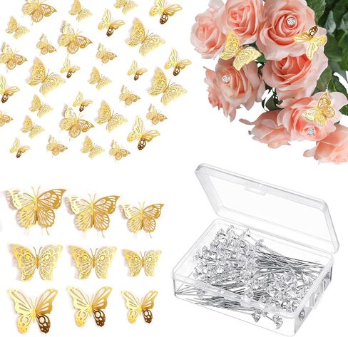 308 Pcs Flower Bouquet Corsages Pins 200 Pcs Diamond Corsages Pins and 108 Pcs 3D Gold Butterfly Sticker for Bouquet Wedding Valentine's Day Mother's Day Birthday Party Supplies (3 Sizes) in Kuwait