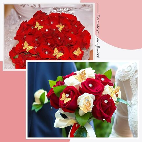 308 Pcs Flower Bouquet Corsages Pins 200 Pcs Diamond Corsages Pins and 108 Pcs 3D Gold Butterfly Sticker for Bouquet Wedding Valentine's Day Mother's Day Birthday Party Supplies (3 Sizes) in Kuwait