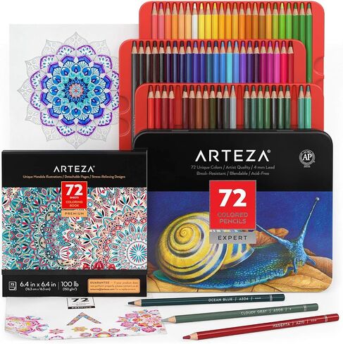 Arteza Coloring Art Set, 48 Colored Pencils, 6.4 x 6.4 Inches Coloring Book with 72 Detachable Designs, Art Supplies for Relaxation and Stress Relief in Saudi Arabia