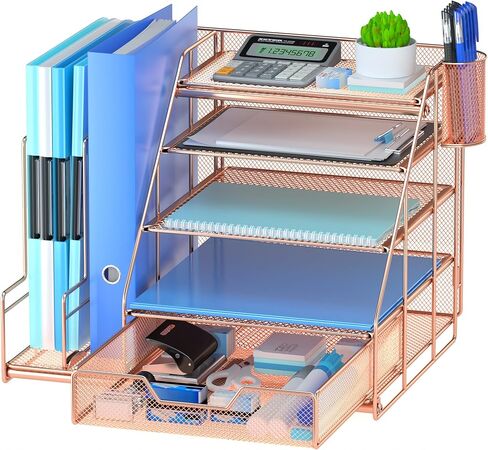 Egepon Rose Gold Office Desk Organizer with Vertical File Folder Holders 5-Tier Paper Letter Tray with Drawer and Hanging Pen Holder Office Supplies and Accessories for Office School Home in Saudi Arabia