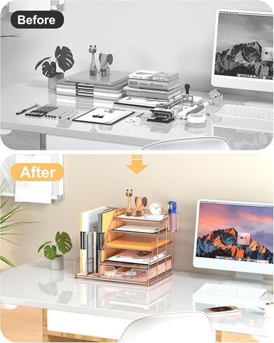 Egepon Rose Gold Office Desk Organizer with Vertical File Folder Holders 5-Tier Paper Letter Tray with Drawer and Hanging Pen Holder Office Supplies and Accessories for Office School Home in Saudi Arabia