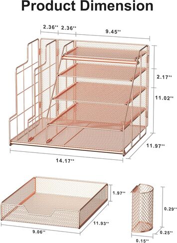 Egepon Rose Gold Office Desk Organizer with Vertical File Folder Holders 5-Tier Paper Letter Tray with Drawer and Hanging Pen Holder Office Supplies and Accessories for Office School Home in Saudi Arabia