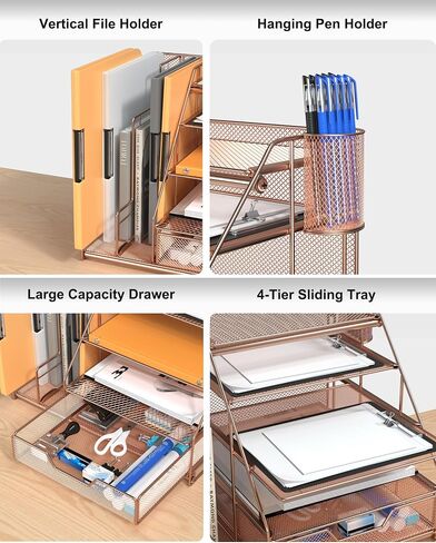Egepon Rose Gold Office Desk Organizer with Vertical File Folder Holders 5-Tier Paper Letter Tray with Drawer and Hanging Pen Holder Office Supplies and Accessories for Office School Home in Saudi Arabia