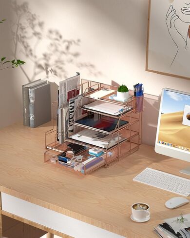 Egepon Rose Gold Office Desk Organizer with Vertical File Folder Holders 5-Tier Paper Letter Tray with Drawer and Hanging Pen Holder Office Supplies and Accessories for Office School Home in Saudi Arabia