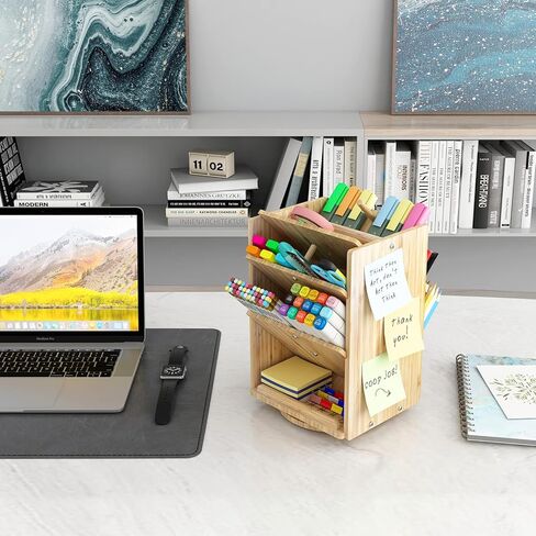 ملحقات تخزين منظم مكتب الخيزران - 13 حجرة كبيرة جدًا، سعة حامل أقلام الرصاص أكثر من 1000، تجميع سهل DIY، منظم سطح المكتب الدوار، مستحضرات التجميل واللوازم المكتبية in Kuwait