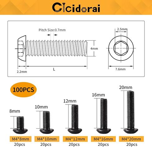 M4 x 20mm 25mm 30mm 35mm 40mm Hex Socket Head Cap Screws Bolts, 12.9 Grade Alloy Steel, Black Oxide Finish, Fully Threaded, Metric Allen Hex Drive, Assortment Kit 50Pcs in Kuwait