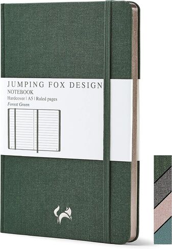 Jumping Fox Design Linen Fabric Premium A5 مسطرة بغلاف صلب مجلة مبطنة، متوسطة 5.6 × 8.4 بوصة، ورق عالي الجودة 100 جرام لكل متر مربع، صفحات مرقمة، جيب داخلي، أخضر غابة in Kuwait