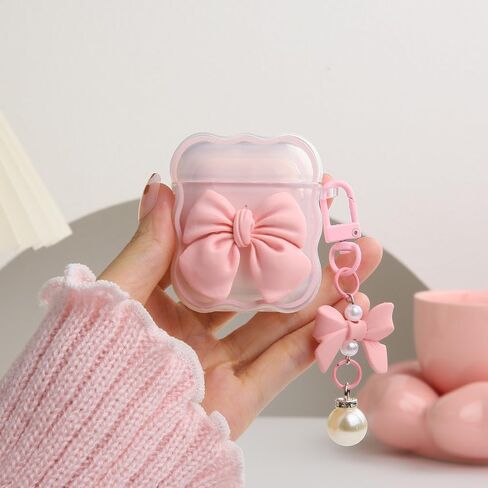 متوافق مع غطاء حافظة Apple AirPods الجيل الثاني الأول، تصميم لطيف ثلاثي الأبعاد على شكل ربطة عنق مقاوم للصدمات ناعم وشفاف من مادة TPU Kawaii Airpods 1/2 مع سلسلة مفاتيح للنساء والفتيات، وردي فيونكة in Kuwait