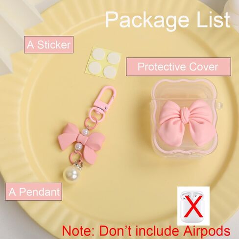 متوافق مع غطاء حافظة Apple AirPods الجيل الثاني الأول، تصميم لطيف ثلاثي الأبعاد على شكل ربطة عنق مقاوم للصدمات ناعم وشفاف من مادة TPU Kawaii Airpods 1/2 مع سلسلة مفاتيح للنساء والفتيات، وردي فيونكة in Kuwait